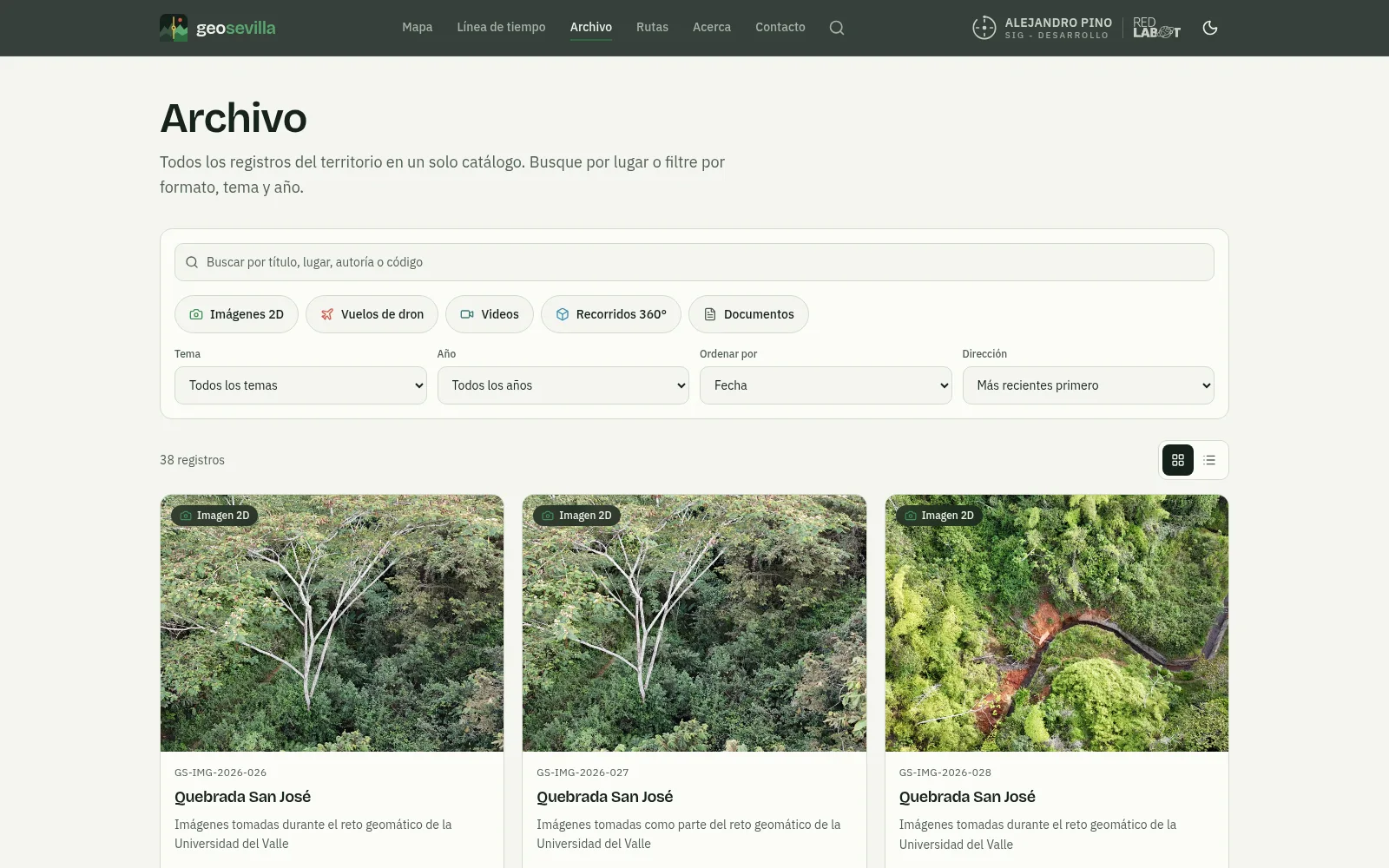 Archivo de GeoSevilla con buscador, filtros por formato, tema y año, y tarjetas de registros con su imagen
