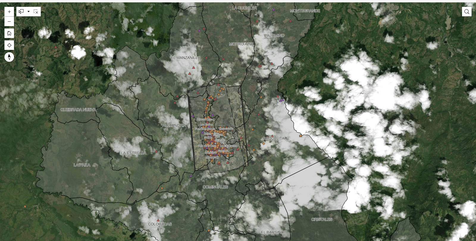 Mapa ortográfico del geovisor SIG Terremoto Sevilla con las infraestructuras evaluadas por daños post-sismo